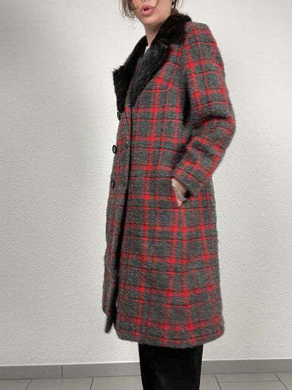 Vintage 1990s grey and red checkered wool coat with faux fur collar