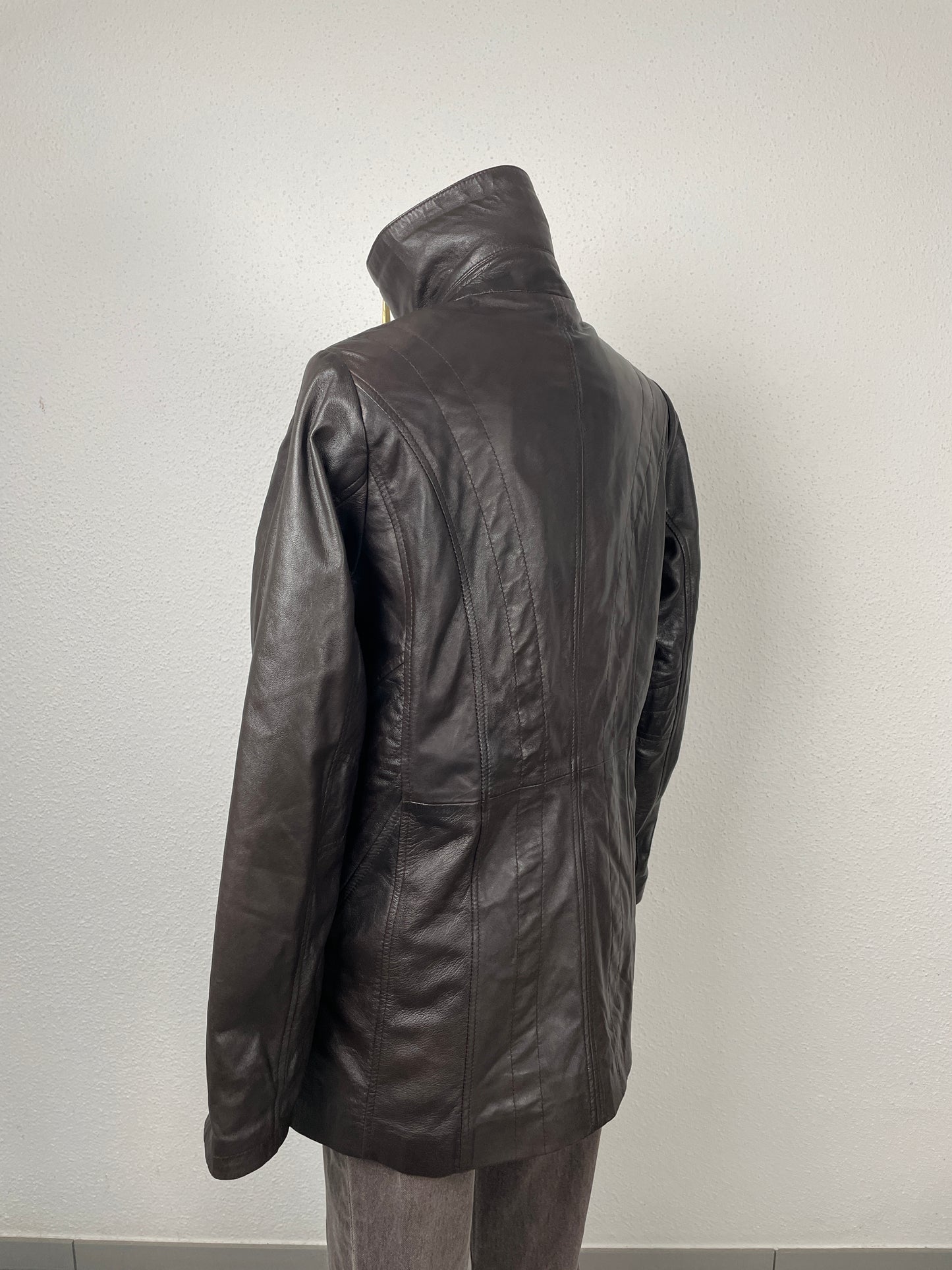 Vintage Y2K early 2000s dark brown leather jacket with stand collar