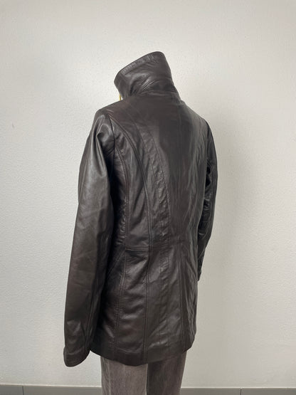 Vintage Y2K early 2000s dark brown leather jacket with stand collar