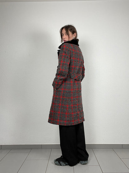 Vintage 1990s grey and red checkered wool coat with faux fur collar