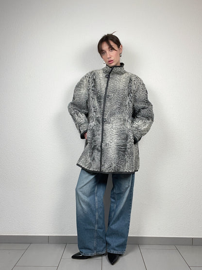 Vintage ’90s reversible genuine leather & curly shearling coat.