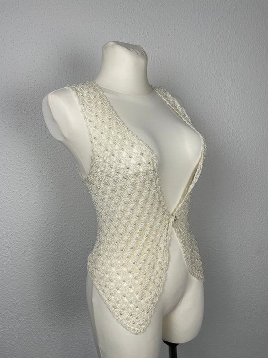 Vintage Beaded Ivory Crochet Vest – Size S
