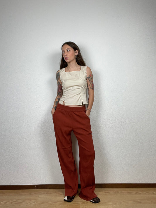Rust Wide-Leg Textured Pants