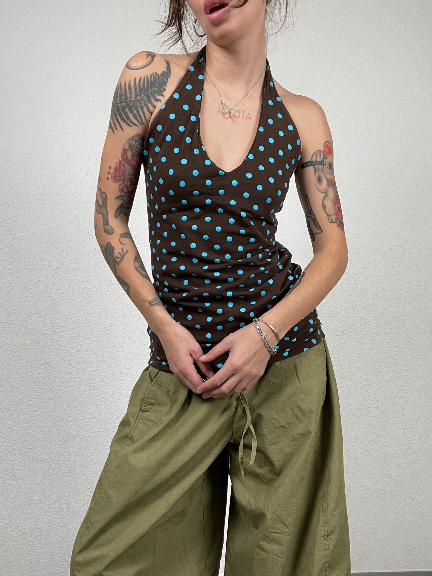 Vintage Y2K brown polka dot halter top