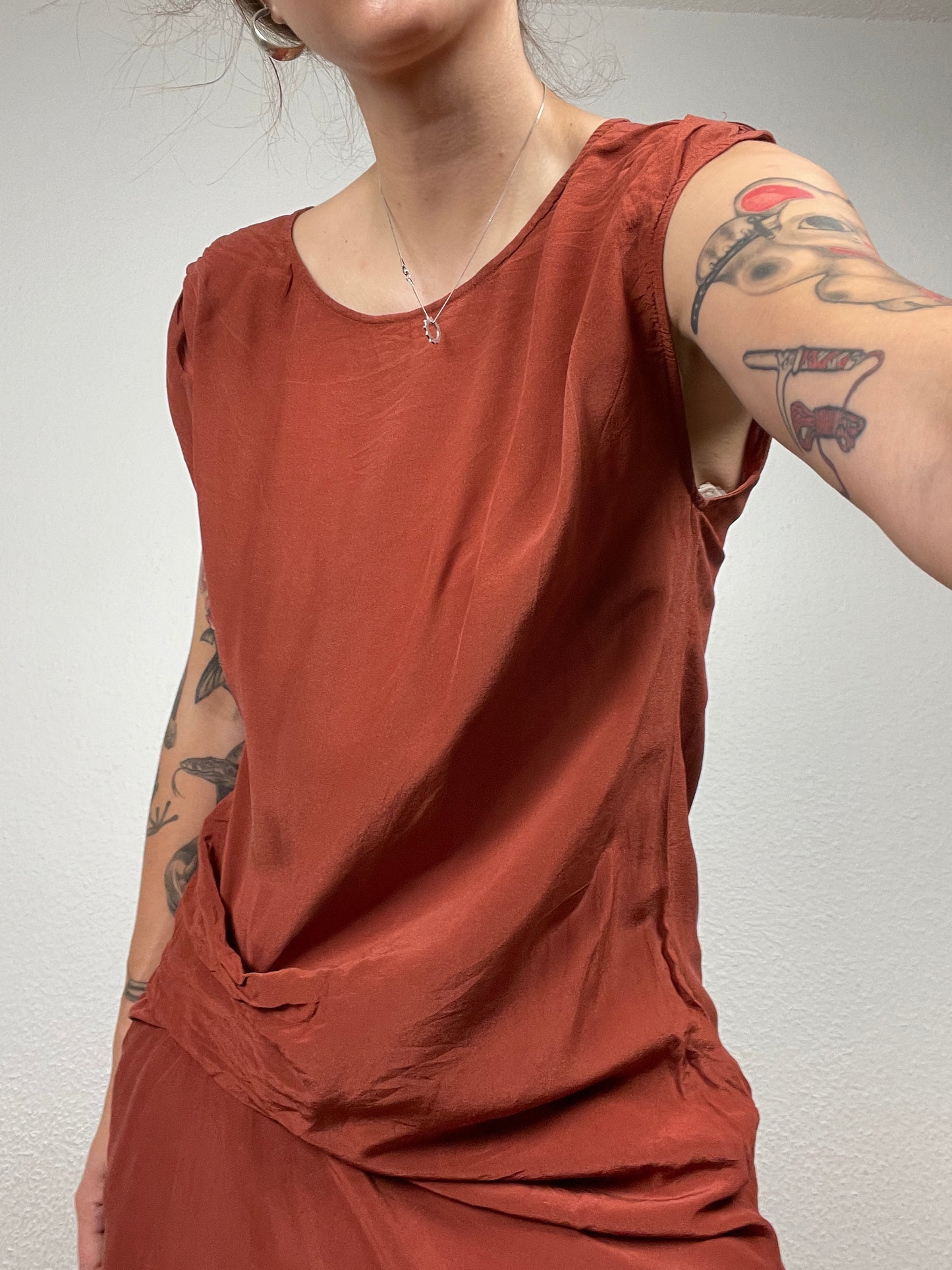 AllSaints Riviera V Dress in Rust Silk Blend