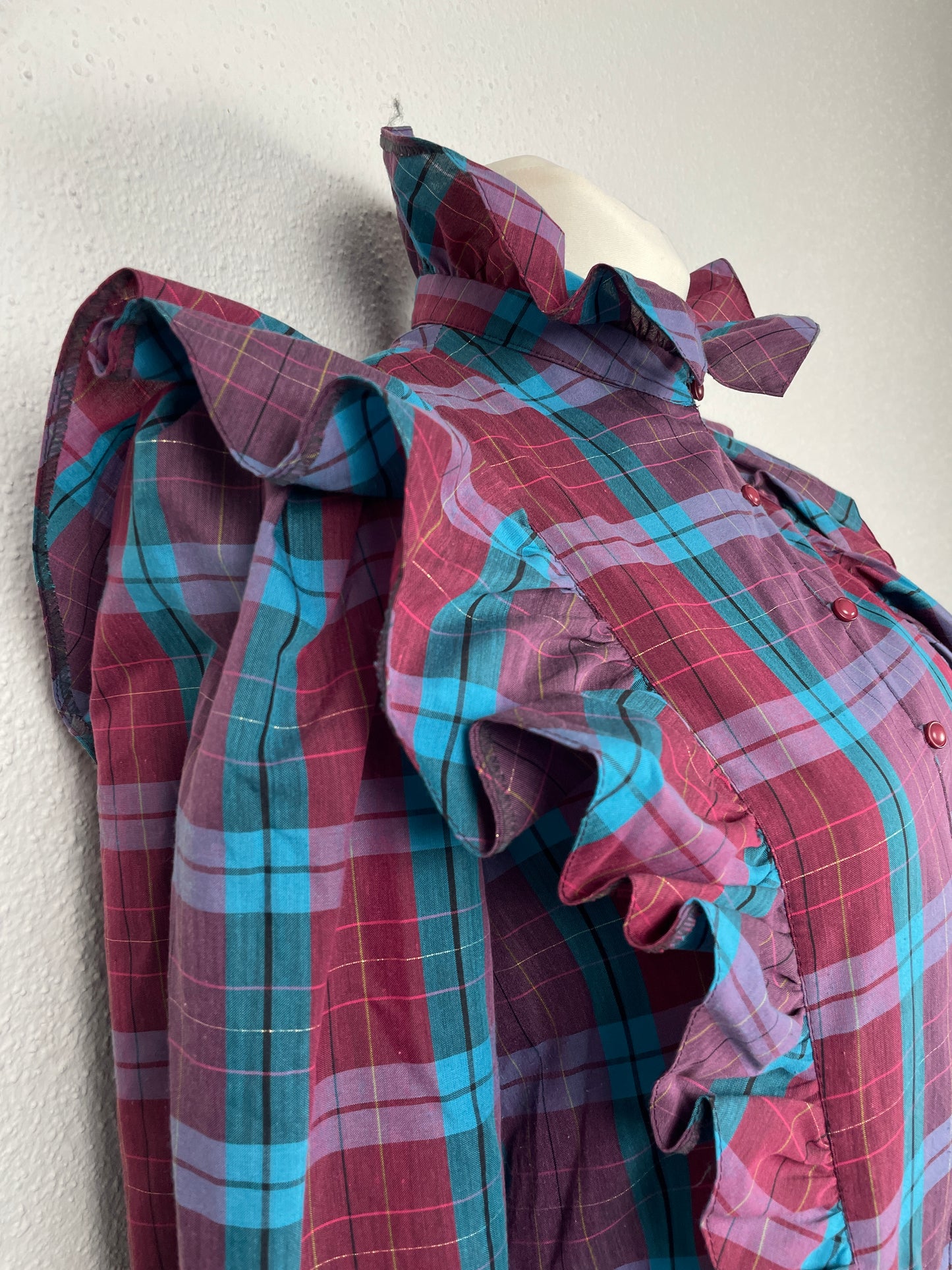 vintage 80s checkered midi dress with ruffles on the shoulders