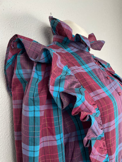 vintage 80s checkered midi dress with ruffles on the shoulders