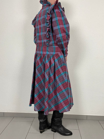 vintage 80s checkered midi dress with ruffles on the shoulders
