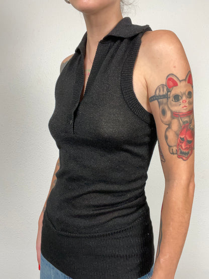 Vintage Y2K Black Metallic Knit Polo Tank Top – Size S/M
