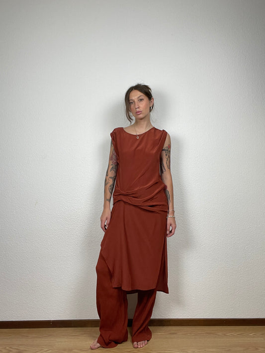 AllSaints Riviera V Dress in Rust Silk Blend