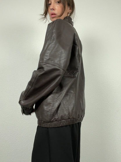 Vintage 80s hard leather brown bomber jacket