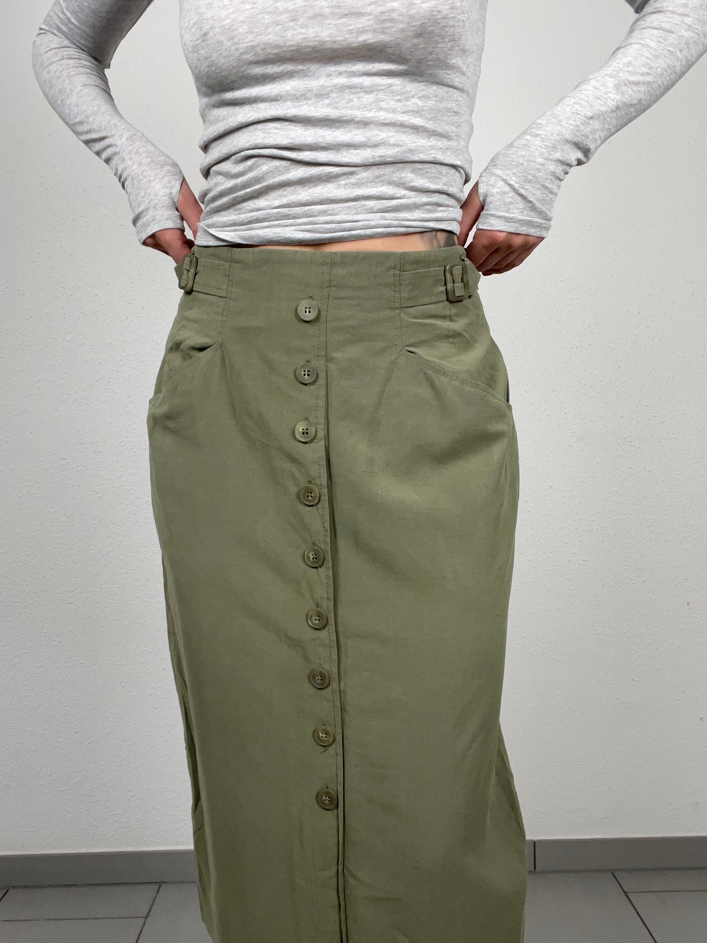 Vintage Bianca Olive Midi Skirt with Button Front – Size 38