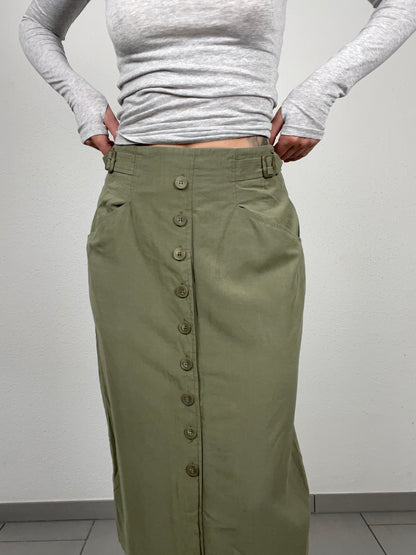 Vintage Bianca Olive Midi Skirt with Button Front – Size 38