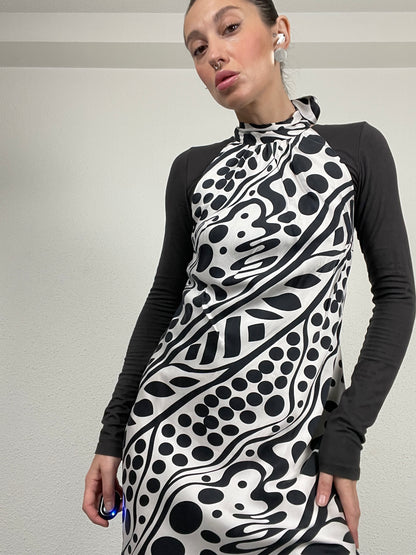 Vintage s.Oliver 100% Silk Midi Dress – Abstract Black & White Print – Size 36