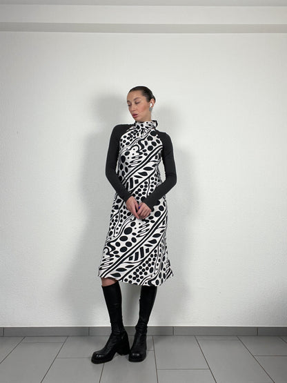 Vintage s.Oliver 100% Silk Midi Dress – Abstract Black & White Print – Size 36