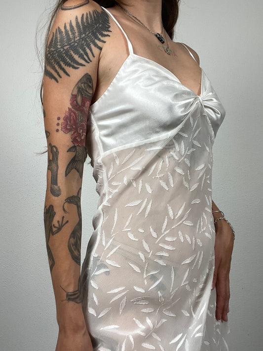 White Satin & Mesh Leaf Slip Dress