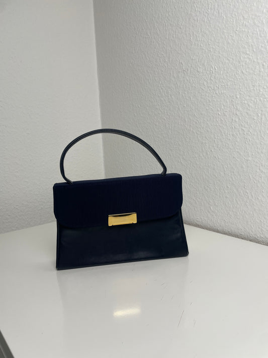 Vintage Navy Leather & Textile Handbag