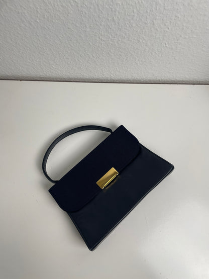 Vintage Navy Leather & Textile Handbag
