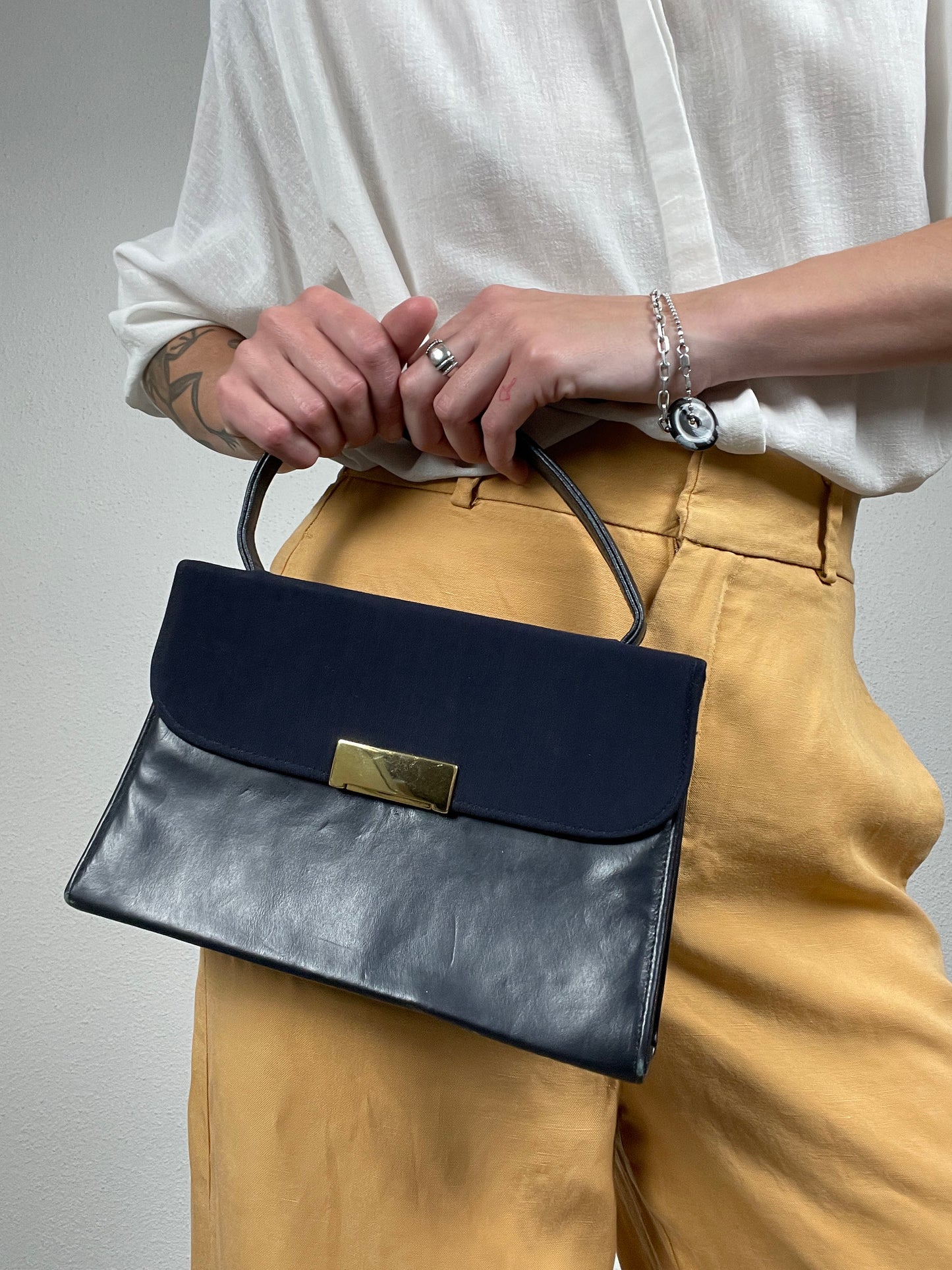Vintage Navy Leather & Textile Handbag