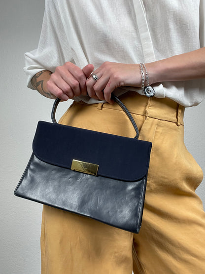 Vintage Navy Leather & Textile Handbag