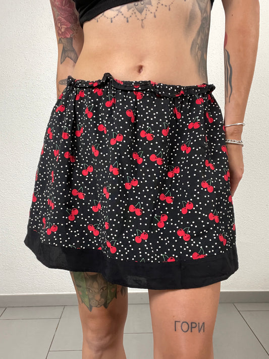 Late 2000s Cherry Print Polka Dot Mini Skirt