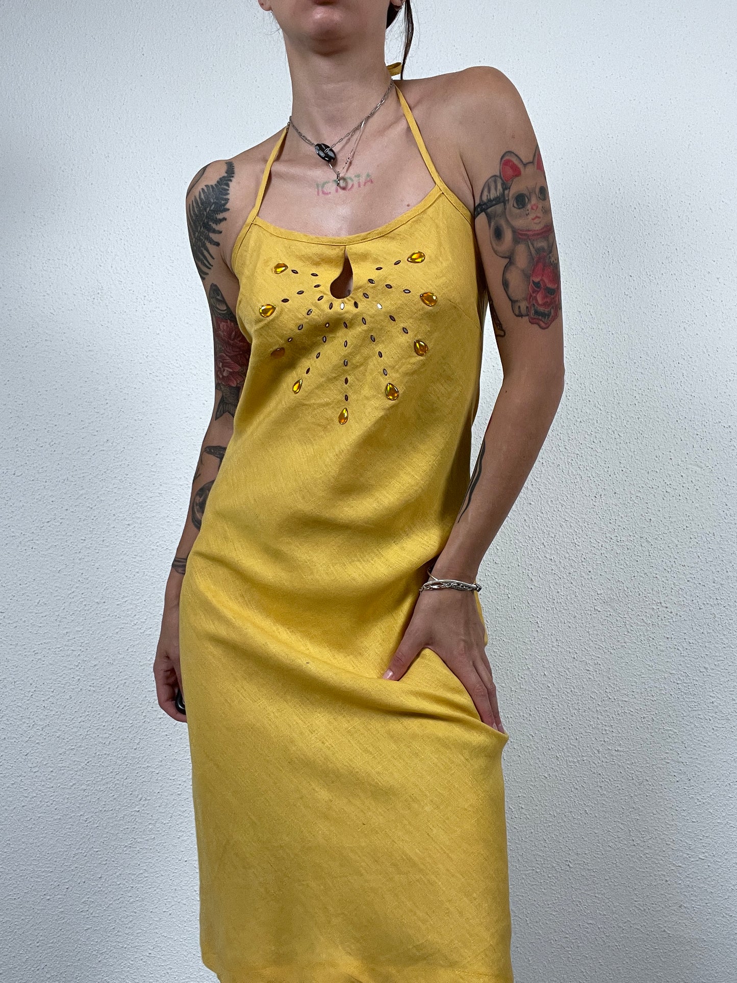 Y2K Yellow Linen Halter Dress with Gem Details