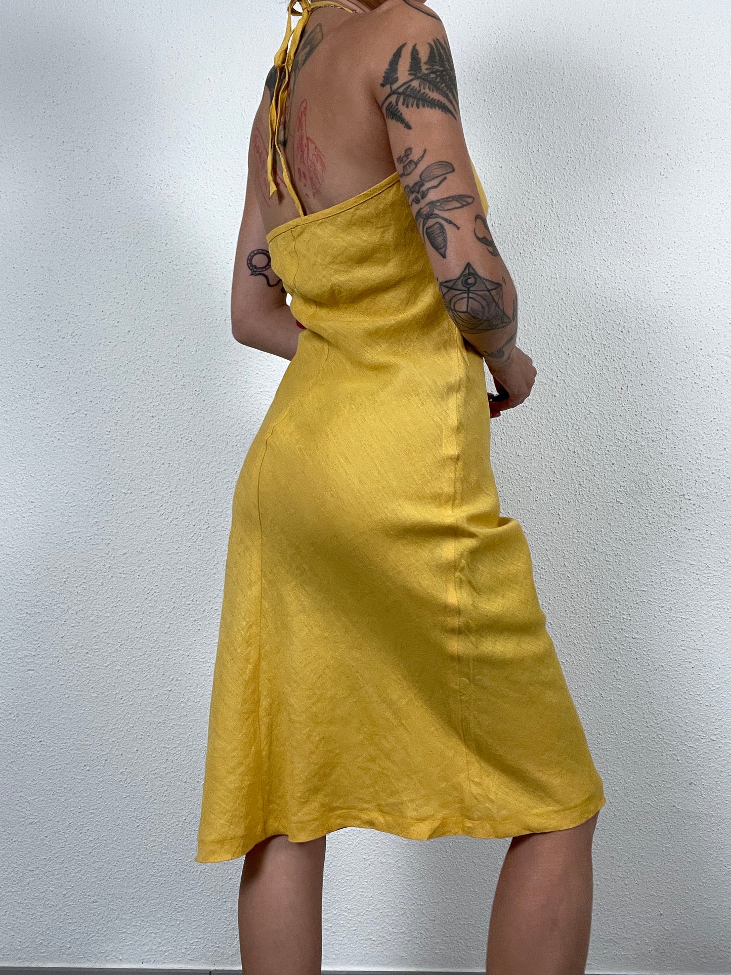Y2K Yellow Linen Halter Dress with Gem Details