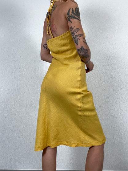 Y2K Yellow Linen Halter Dress with Gem Details
