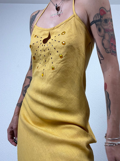 Y2K Yellow Linen Halter Dress with Gem Details