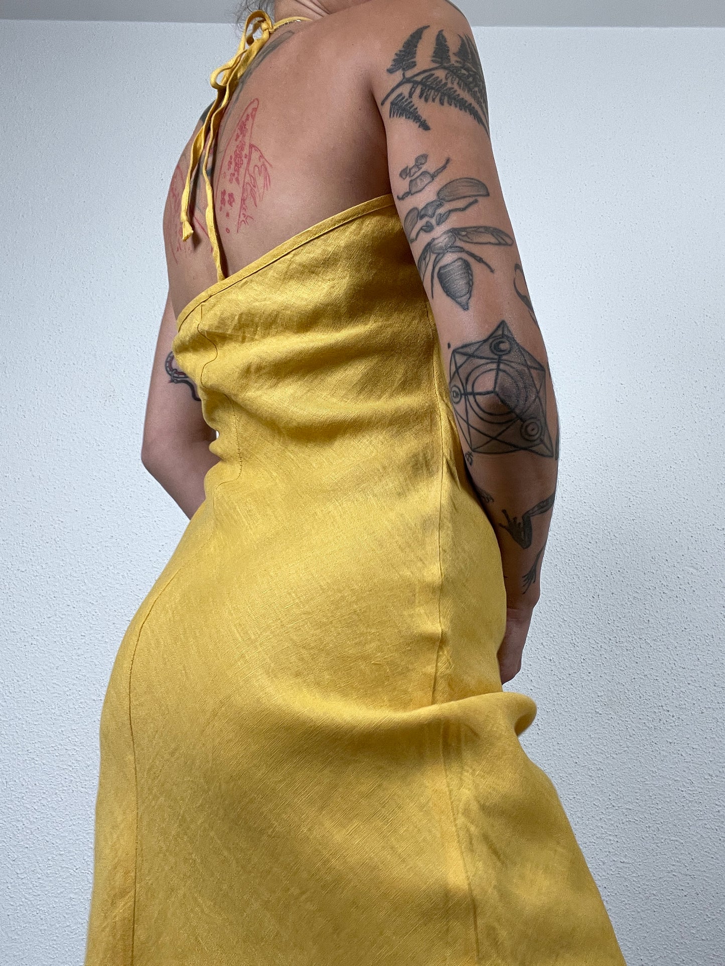 Y2K Yellow Linen Halter Dress with Gem Details