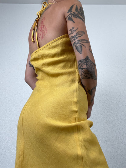 Y2K Yellow Linen Halter Dress with Gem Details