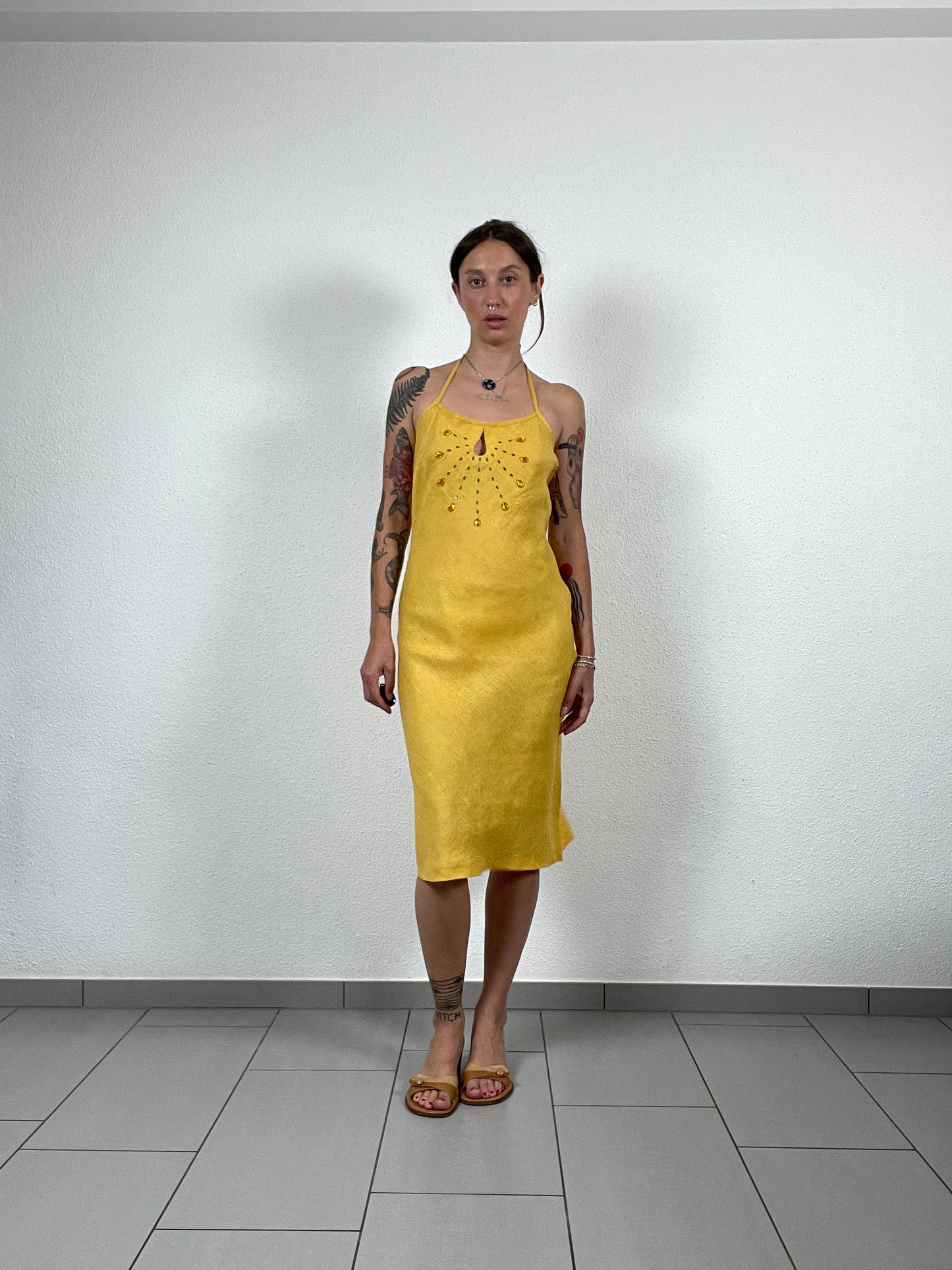 Y2K Yellow Linen Halter Dress with Gem Details