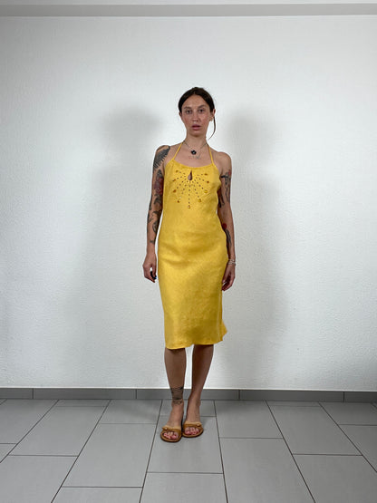 Y2K Yellow Linen Halter Dress with Gem Details