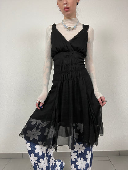 Y2K Ruched Black Midi Dress