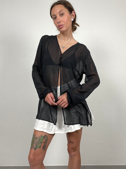 Y2K Sheer Black Silk Hook-Front Blouse