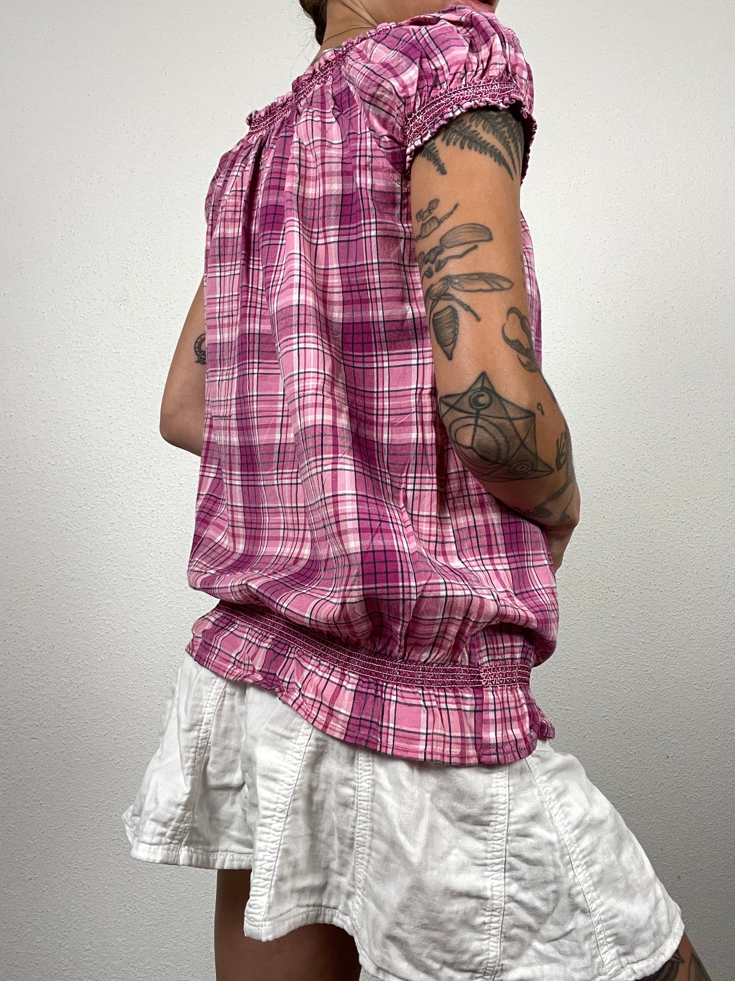 Vintage 2010s Pink Plaid Cotton Blouse