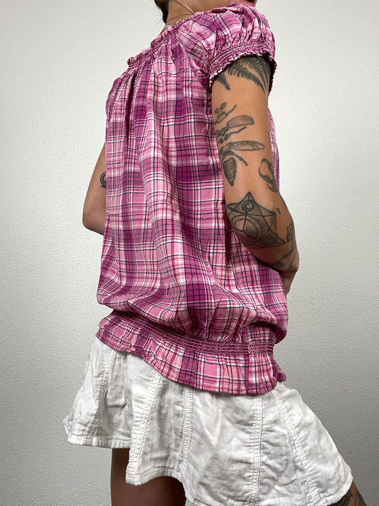 Vintage 2010s Pink Plaid Cotton Blouse