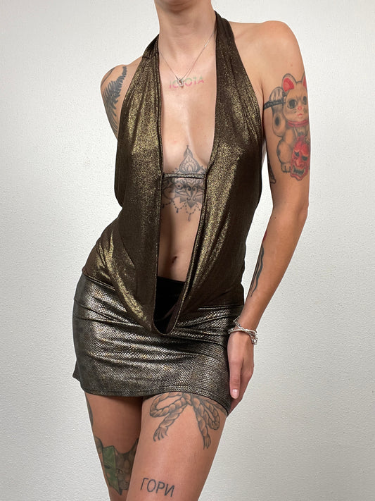 Y2K Bronze Metallic Halter Mini Dress / Tunic