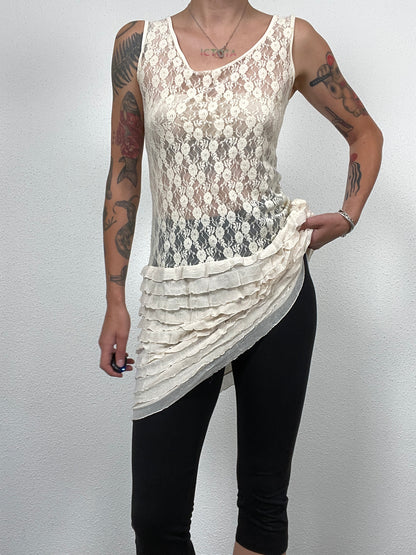Y2K Cream Lace & Ruffle Mini Dress