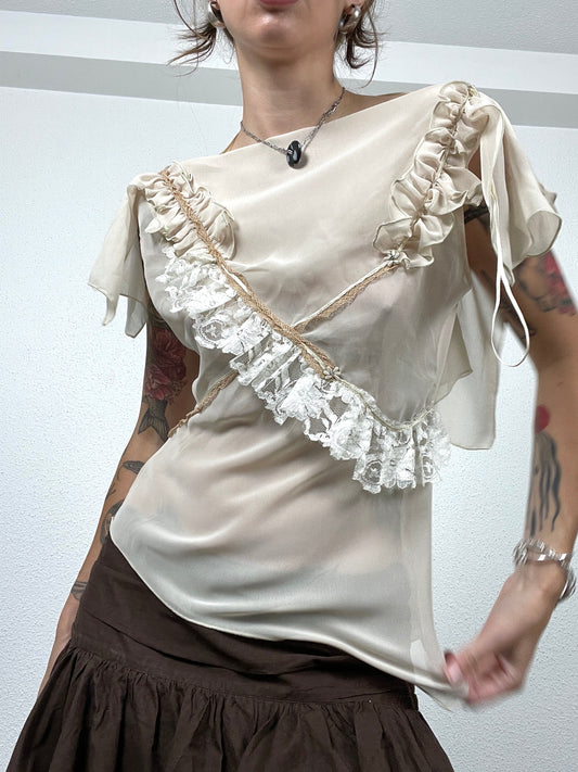 Vintage Y2K Terra Vermelha Ruffle Lace Blouse