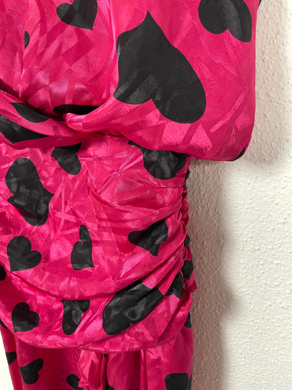 Vintage 80s Heart Print Midi Pink Dress