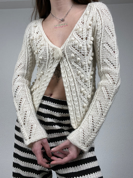 2000s Cream Hand-Knit Cardigan with Bobble Knit Details