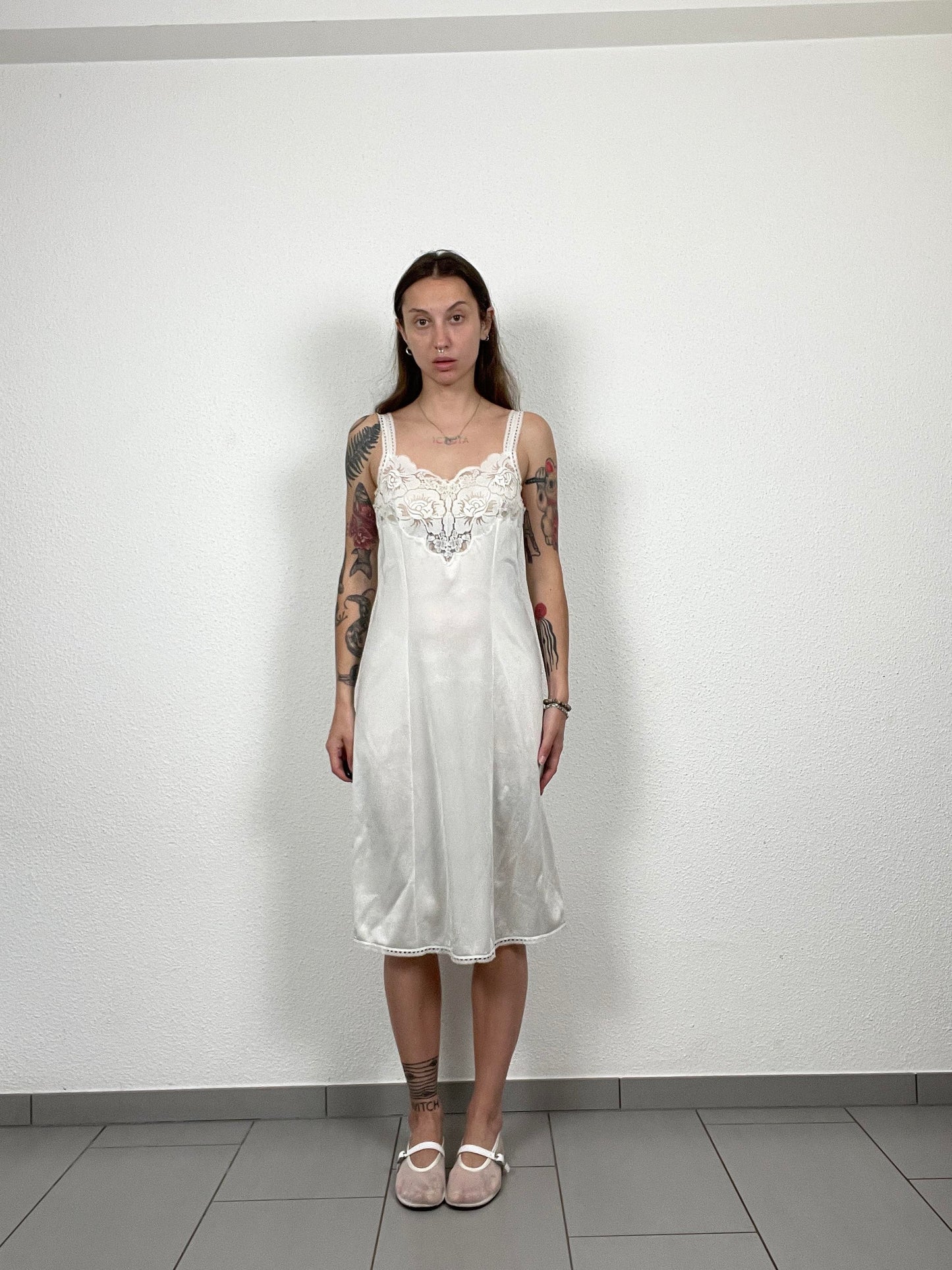 Ivory Satin Vintage Slip Dress with Lace Detail