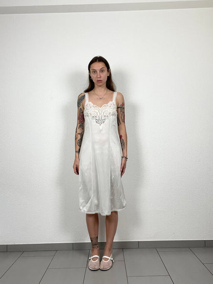Ivory Satin Vintage Slip Dress with Lace Detail