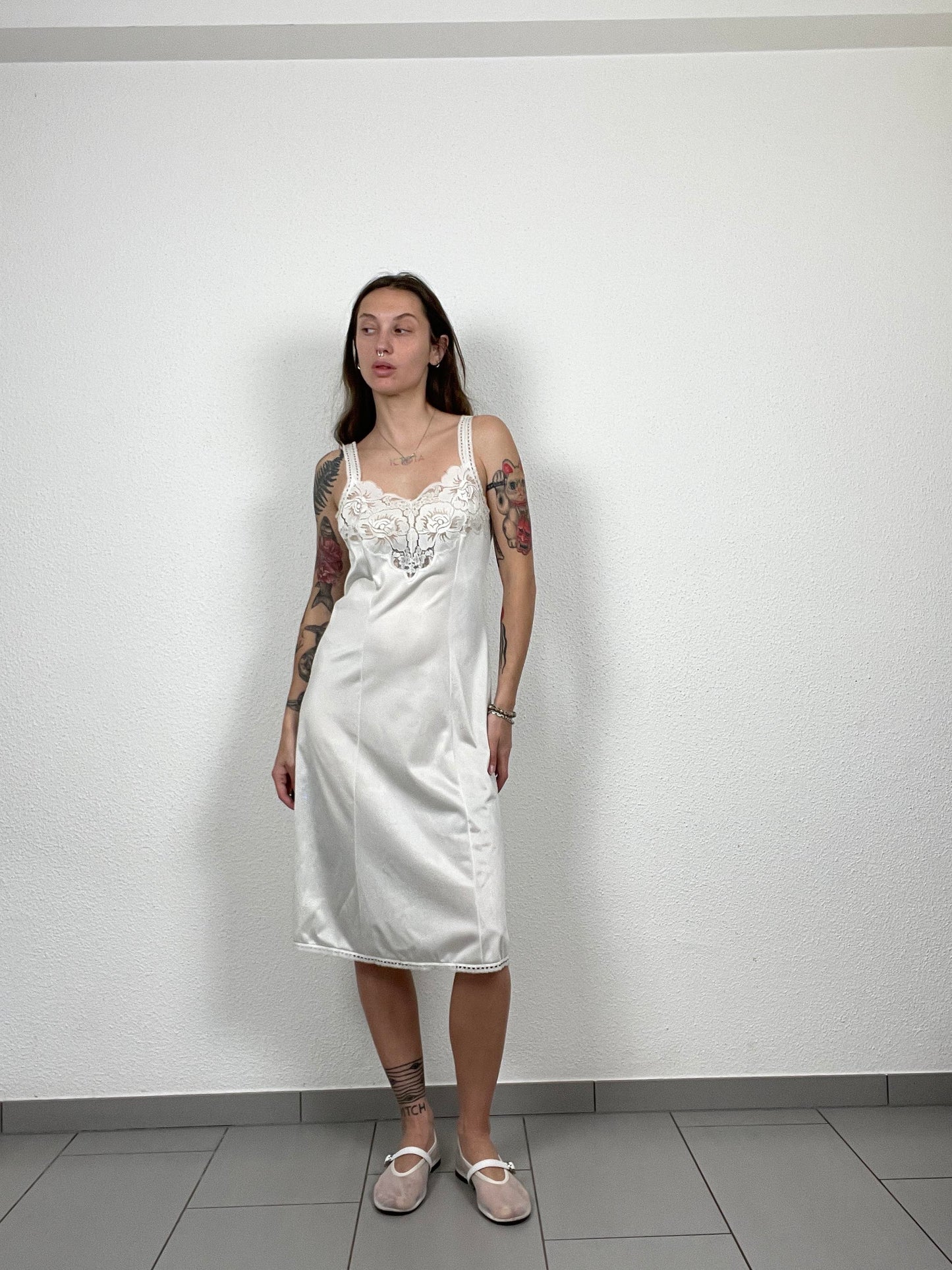 Ivory Satin Vintage Slip Dress with Lace Detail