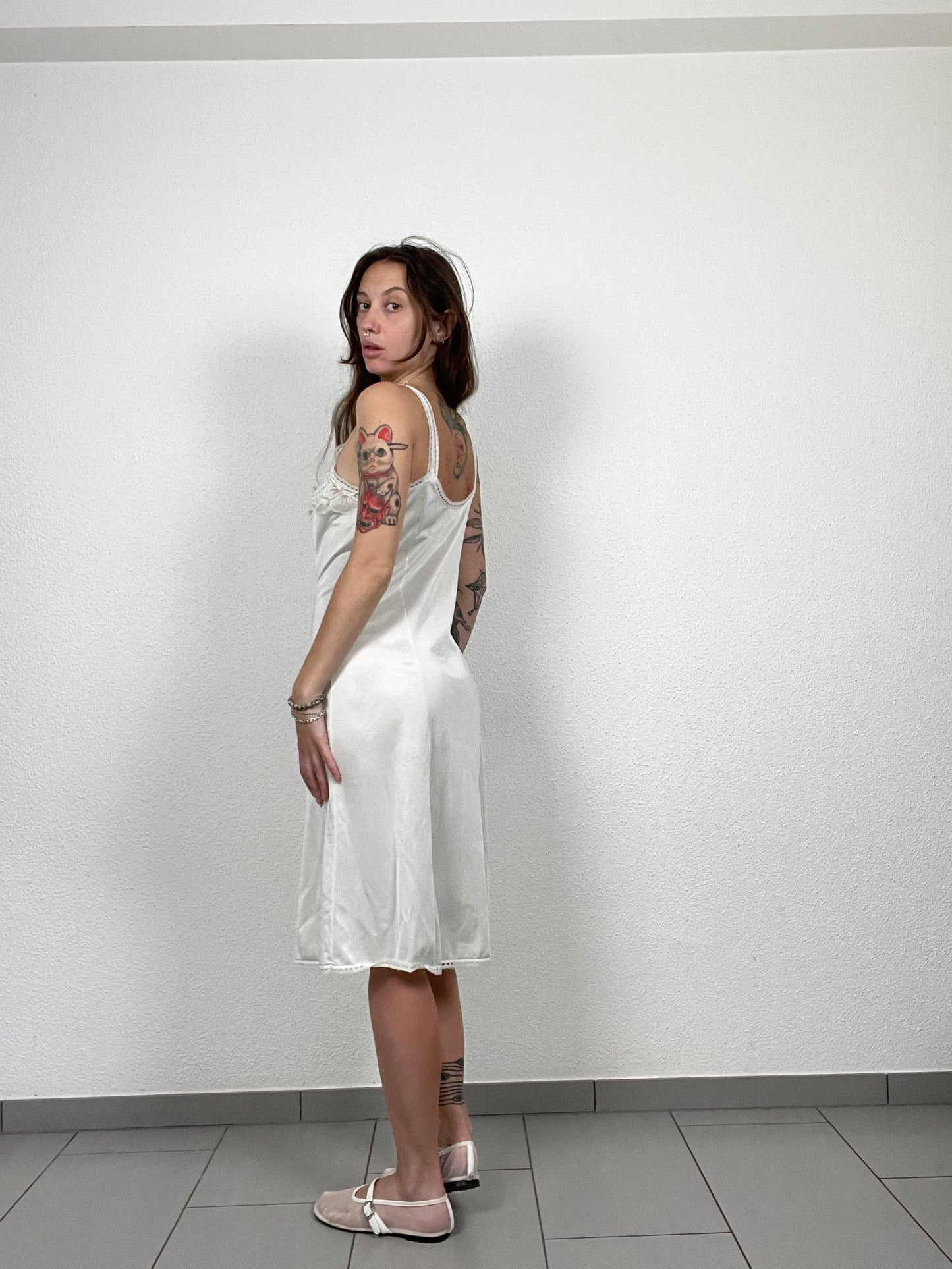 Ivory Satin Vintage Slip Dress with Lace Detail