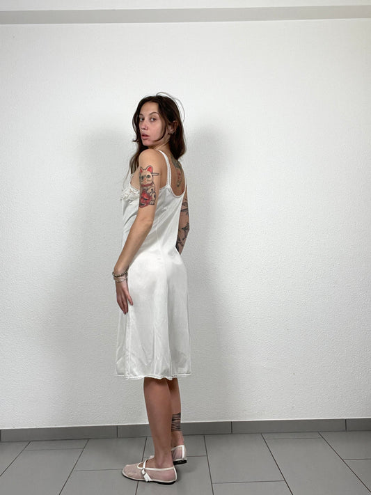Ivory Satin Vintage Slip Dress with Lace Detail