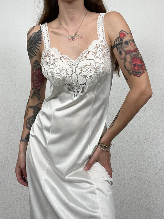 Ivory Satin Vintage Slip Dress with Lace Detail