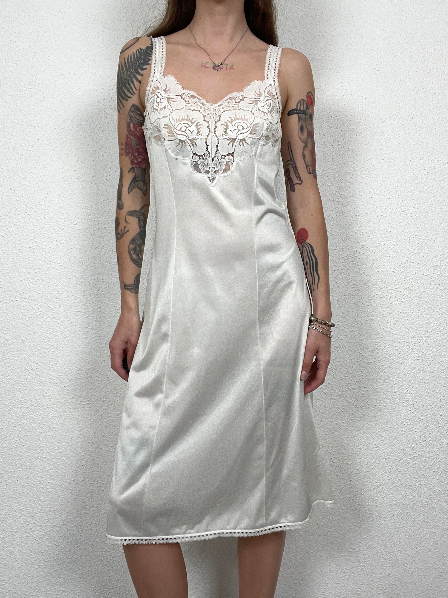 Ivory Satin Vintage Slip Dress with Lace Detail