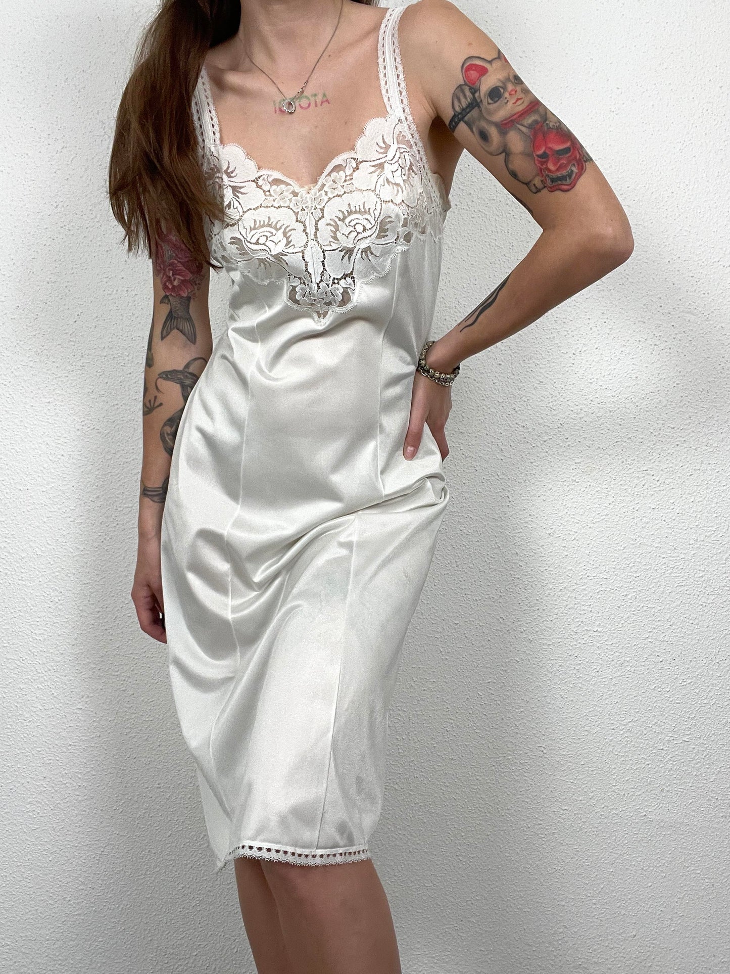 Ivory Satin Vintage Slip Dress with Lace Detail